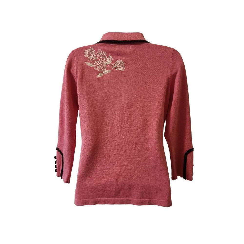 Embroidered Rose Button-Up Cardigan - Coral with Black Trim - Picture 11 of 14